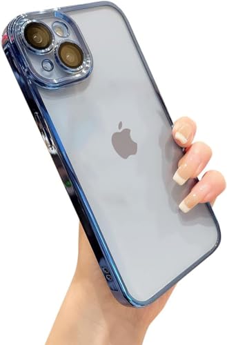 Image of VONZEE TPU Compatible with iPhone 14 Case 6.1 Inch, Luxury Electroplated Soft Edge Bumper Case, Full Camera Protection & Reinforced Corners Shockproof Case Cover|Transparent|Blue