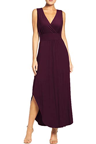 WOOSEA Women Sleeveless Deep V Neck Pocket Loose Long Dress Split Maxi Casual Dresses