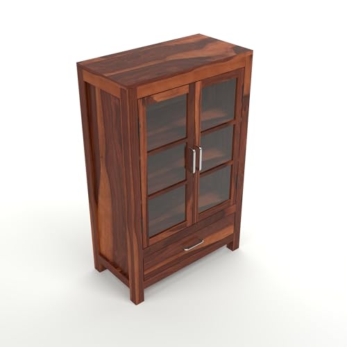 Image of Wooden Bookshelf and Crockery Cabinet with Glass Door | Wooden Book Rack for Home Library, Study Room | Bookshelf Crockery Unit for Home & Kitchen Living Room | in Finish