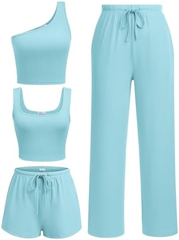 Ekouaer Womens 4 Piece Lounge Sets Ribbed Knit Crop Tank Top and ...