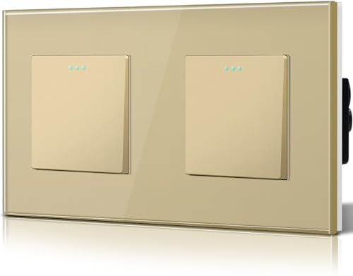 BSEED Double Interrupteur va et vient, Interrupteur à Bascule, Verre Interrupteur Encastrable Bascule,10A 250V Plaque De Cristal Trempé, 157 x 86 mm, 1 Gang 2 Voie Or