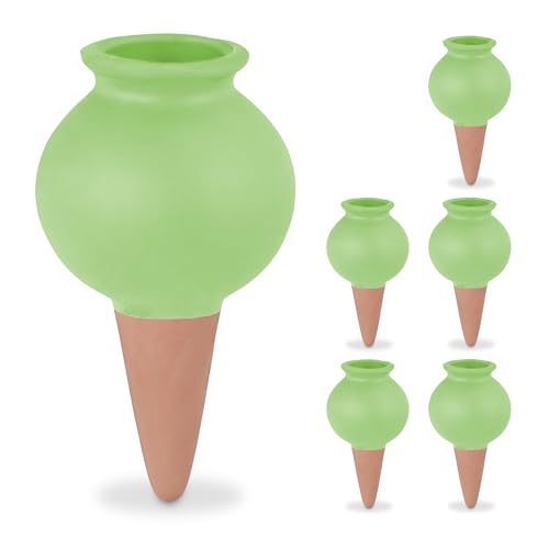 Relaxdays Tonspitzen Bewässerung, 6er Set, Wasserspender für Zimmerpflanzen & Balkonkästen, Gießkegel, terrakotta/grün