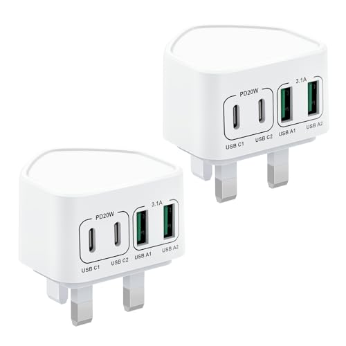 2-Pack 40W USB C Fast Charger 4-Port Multi Charger UK Charging Plug Dual Type C PD Power Adapter + Micro USB Plug for iPhone 17 16 15 14 13 12 11 Pro Max XR XS iPad Samsung