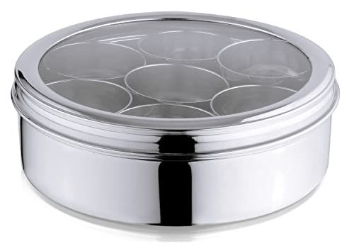 Image of LIMETRO STEEL Stainless Steel Spice Box with Mirror Lid (1 Container, 7 Bowls, 1 Spoons)