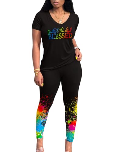 Aomice Lounge Sets for Women 2 Piece Summer Casual Jogger Workout Outfits Short Tops Long Pant Sweat suit leggings set Black Splash Print L