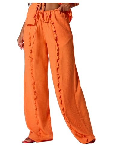 Floerns Women's Summer Frill Trim Straight Leg Pants Drawstring Waisted Beach Trousers