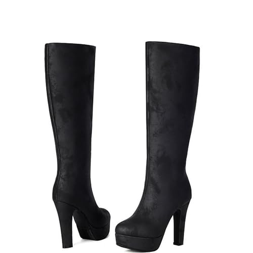 Botas de Mezclilla elásticas por Encima de la Rodilla para Mujer, tacón de Aguja, Plataforma, Punta Puntiaguda, Botas Altas con Cordones, Zapatos de Fiesta en Barra, 15 cm,Negro,34 EU
