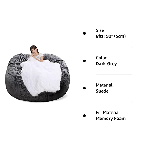 Fafad Bean Bag Chairs, Giant Bean Bag Chair For Adults, 6Ft Big Bean Bag Cover Comfy Bean Bag Bed (No Filler, Cover Only) Fluffy Lazy Sofa (Dark Grey), 6Ft(150*75Cm) #TOP7