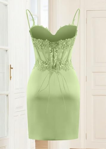 Lace Appliques Satin Homecoming Dresses Tight Beads Spaghetti Straps Bodycon Short Porm Dress4