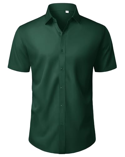 J.VER Men's Shirts Short Sleeve Dress 4-Way Stretch Regular Fit Business Casual Summer Work Formal Fashion Shirt Dark Green L