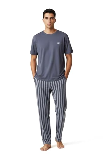 MISIRLI ORGANIC Erkek Pijama Takımı Çizgili,%100 Pamuklu Rahat Kesim Kısa Kollu Tişört Pantolon Takımı