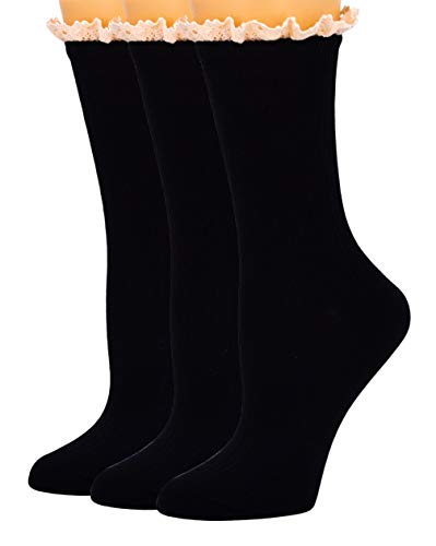 SEMOHOLLI Women Ankle Socks, Women Lace Ruffle Frilly Ankle Socks Fashion Ladies Girl Princess smo (3 Pairs- black)