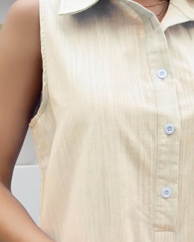 Image of Women Sleeveless Mini Dress Button Down Shirt Dress V Neck Reffle Hem Cotton Linen Tunic Short Dress