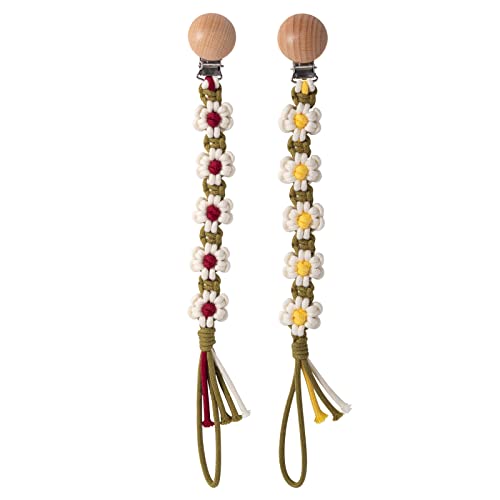 Image of Pacifier Clip for Boys Girls Floral Daisy Macrame Paci Clip Pacifier Holder Leash Boho Wooden Clips Handmade Braided Cotton Unisex Baby Shower Birthday Gift