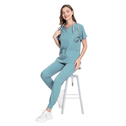 Image of VIAOLI Scrubs for Women Set Modern V-Neck Top & 8 Pocket Jogger Pants Nursing Uniform Solid Stretch Workwear