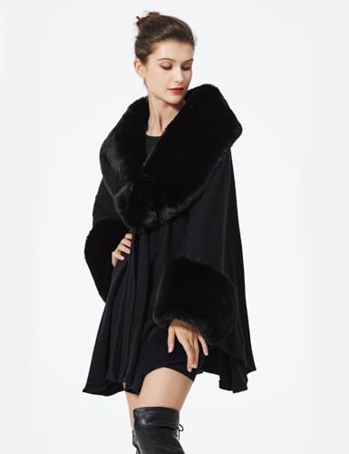 BEAUTELICATE Women Faux Fur Shawl Winter Wrap Sleeveless Coat Cape with Fur Trim Cardigan Cloak4