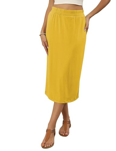 Naggoo Womens Midi Skirts Summer Elastic High Waisted Back Slit Long Straight Skirt Below Knee