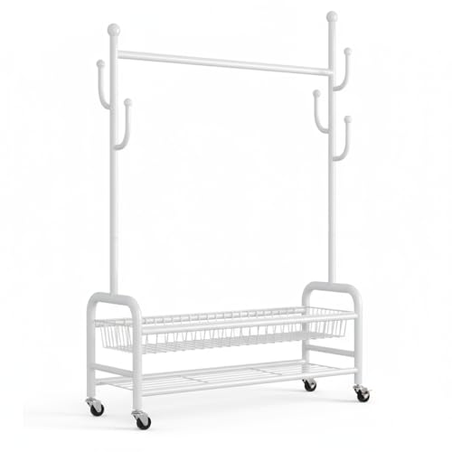 MartMark Burro Ropa Resistente con Ruedas y Freno - Perchero Burro Ropa Portátil con Cesta y Estante - Armario Ropero Abierto de Acero al Carbono para Interior - 172x90x28cm - Fácil Montaje - 60kg