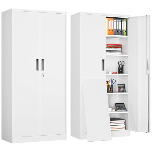 Image of Metal Garage Storage Cabinets,71 inch Tall Metal File Cabinet with 5 Adjustable Shelves, Lockable Storage Cabinets for Office, Home, Garage, Warehouse 71 inch H x 32 inch W x 16 inch D (White)