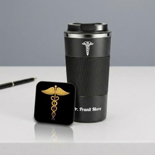 Image of Giftana 2 in 1 Personalized Desk Table Organizer with Pen Gift Set for Doctors, Customized Pen Stand Table Clock & Calendar, Customised New Year Corporate Gift Set for Employee (4 in 1Doctors Symbol)