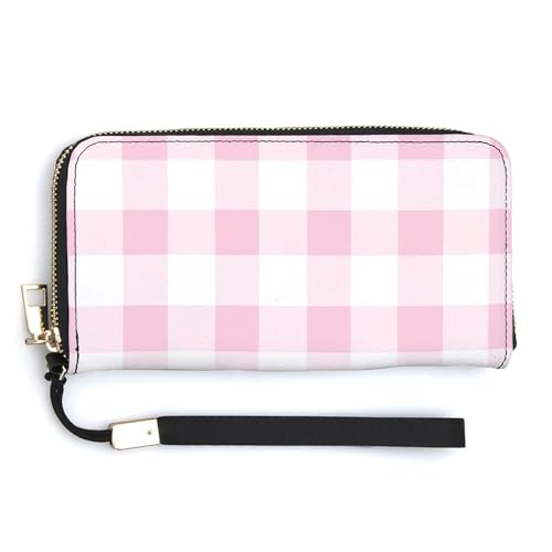 Light Pink White Checkered Texture PU Leather Clutch Long Bifold Wallet, Coin Purse Credit Pass Case, Durable Card-Holder Money Storage for Women Men