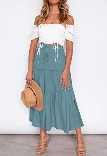 Haeof HA32011SKIRT1-DUSTYBLUE-L Women'S Boho Elastic High Waist A Line Ruffle Swing Beach Maxi Skirt thumb #1