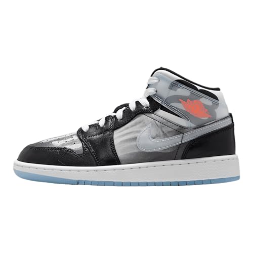 Air Jordan 1 Mid Sneaker School Big Kids' Shoes (HF3210-001, Black/Total Crimson/White/Ice Blue) Size 6.5