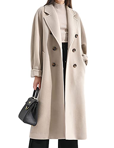 Himosyber Women Wool Blend Pea Coat Camel Notched Collar Double Breasted Outerwear Jacket