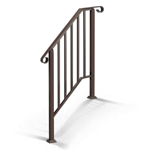 VINGLI Handrails for Outdoor Steps, Stair Handrail Fits 1 to 5 Steps, Wrought Iron Hand Rail Stair Railing Kit for Concrete/Porch/Wooden Steps (Bronze, 2 to 3 Steps)