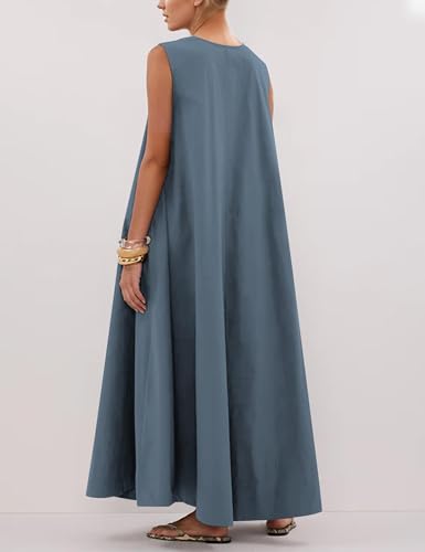 Image of OLAPTA Women Summer Sleeveless Maxi Dress Scoop Neck Ruched Loose Fit Casual Elegant Solid Vacation Long Dress with Pockets