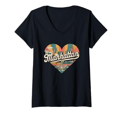Mujer Camiseta Manhattan Heart - Vintage NYC Skyline Travel Camiseta Cuello V