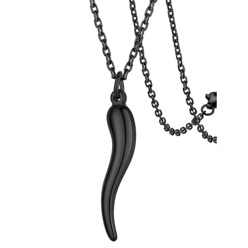 FaithHeart Italian Horn Pendant Necklace for Women Men Silver/Black/Gold Plated Stainless Steel Cornicello Necklace Protection Necklace Chains with Pendant Italian Charm Talisman with Gift B