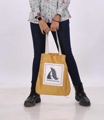 ANNAM BRAHMA Cotton Tote Bag | Stylish Jhola Bag for Women with Pockets | Shopping Grocery, Vegetables, Kitchen Essentials, and Daily Use | Durable, Strong Stitching & Handles (Yellow) 4