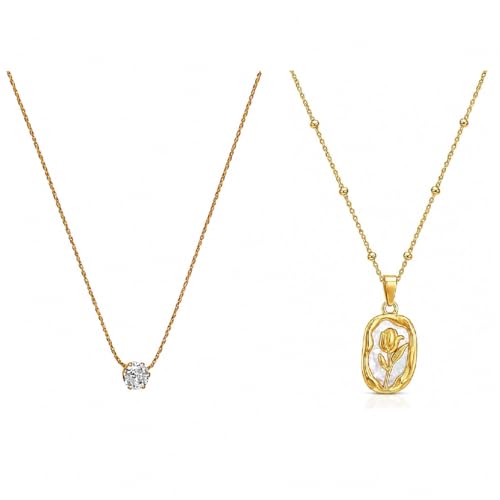 Image of Stone Necklace Set For Women Stylish | Anti Tarnish Waterproof Stainless Steel Chain Pendant Necklaces Jewelry for Love | Gold Plated Jewellery Accessories for Woman & Girls | Birthday Gift for Wife & Girlfriend