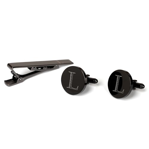 Image of Mens Initial Cufflinks and Tie Clip A-Z Alphabet Letter Black Stainless Cuff Links Tie Bar with Engraved Walnut Wood Box Groom Groomsman Wedding Set
