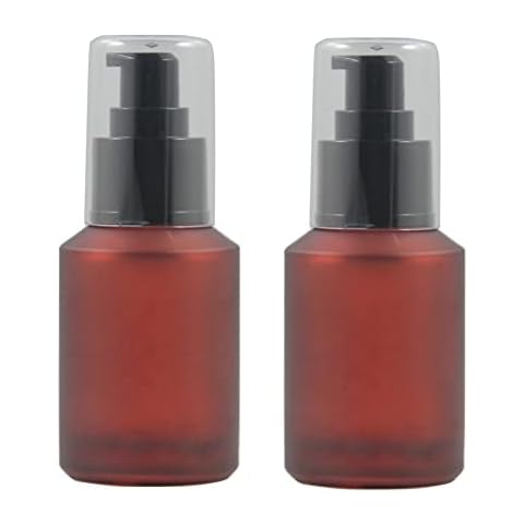 2PCS 60ML/2oz Wine Red Empty Refillable Glass Lotion Vial Pump Bottle Jars with Plastic Pressure Pump Head Top Cosmetic Sample Travel Packing Storage Containers for Emulsion Essence Massage Oil Cover