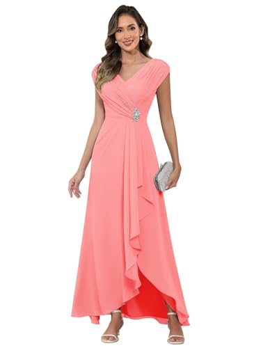 Cap Sleeve Mother of The Bride Dresses Chiffon V Neck Ruffles Beaded A Line Long Formal Wedding Guest Dress