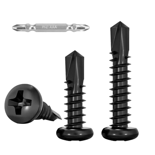 FandWay 100 Pièces Vis Autoforeuse Metal Noir,M4.2x25mm Vis à Tôle Autotaraudeses et Autoperceuse Autoperforante Inox 410 Cruciforme Tête Ronde Bombée pour Aluminium Bois Tôle Plastique.