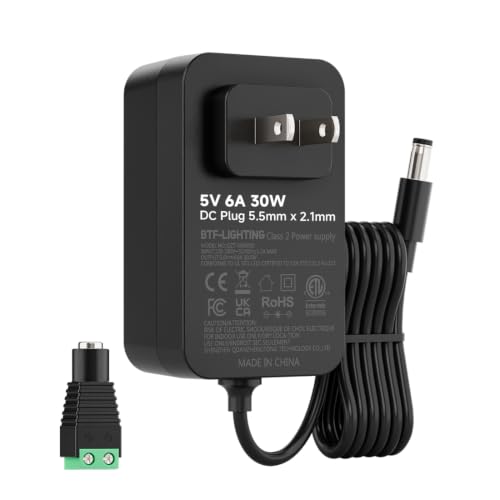 Image of BTF-LIGHTING 5V 6A 30W Power Supply Adapter ETL Listed 100-240V AC to 5V DC Converter Class 2 Power Supply, 5.5x2.1mm Jack for for Low Voltage LED Strip Lights, CCTV, Router, Electronics