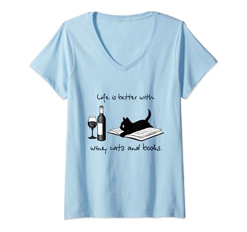 Mujer Life Is Better With Wine Cats And Books Gift Camiseta Cuello V