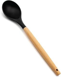 BERAM Silicone Serving Spoon 12 Inch with Wooden Handle Heat Resistant Non Stick Cooking Utensil for Stirring and Serving Black