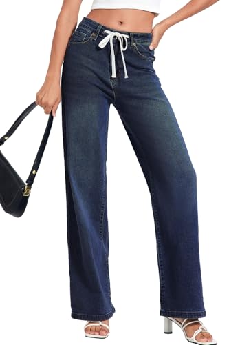 Allimy Womens Drawstring High Waist Wide Leg Jeans Straight Leg Washed Denim Jeans Pants4