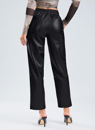 SANTINY Women's Faux Leather Pants High Waisted Straight Leg Cropped Ankle Trousers Vegan Matte Pleather Pants for Women2