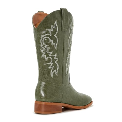 Image of Cowgirl Boots Square Toe Cowboy Boots For Women Ladies Mid Calf Low Heel Flat