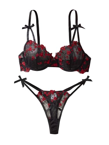 Image of Lilosy Sexy Cute Underwire Push Up Strappy Heart Embroidered Mesh Sheer Lingerie Set for Women See Through Bra and Panty 2 Piece Bow Flower Black Red Small