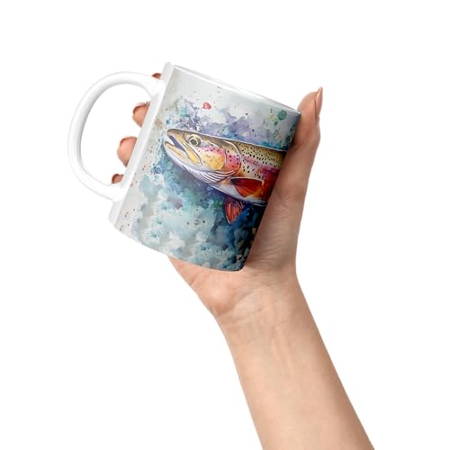 Taza de cerámica blanca de 11 oz con diseño de trucha arcoíris miniatura 7
