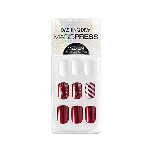 Dashing Diva Magic Press Holiday Nails - Winterfest Berry | Medium, Square On Long Lasting Stick Gel Lasts Up to 7 Days Contains 30 Nails, 1 Prep Pad, File, 1.0 Fl Oz