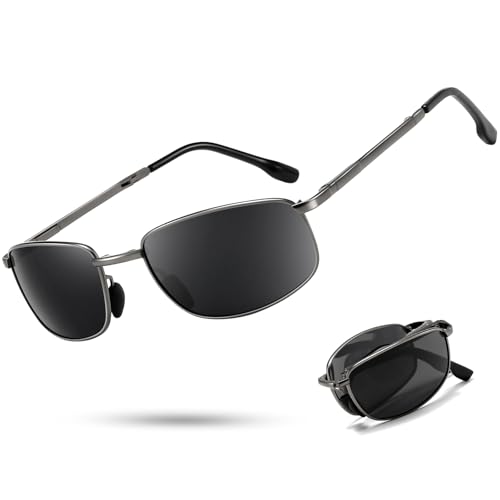 SUNGAIT Folding Rectangular Sunglasses for Men: Metal Lightweight Portable Foldable Pocket Polarized Sun Glasses UV400