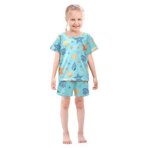 2-Piece Cotton Pajama Set Seashell Starfish Pattern Print Short Sleeve Sleepwear Soft PJS Set Size 6 Years4