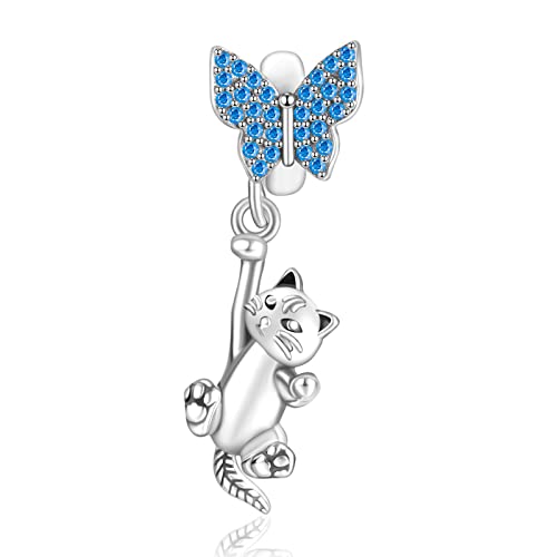 Annmors Butterfly & Cat Dangle Charm Argent Sterling 925 Femmes Perles Charm Pendentif Breloque avec 5A Zircone Compatible Européen Bracelets Collier,Christmas Gifts for Family Friend